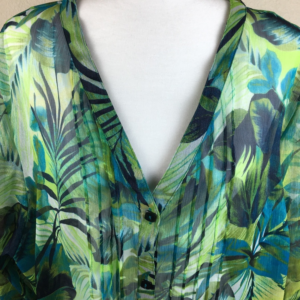 Maggie Barnes for CATHERINES Green Floral Transparent Button Front Blouse Sz 2X - Picture 3 of 13